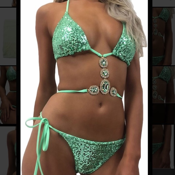 GREEN JEWELED SEXY SEQUIN BIKINI - Picture 5 of 6